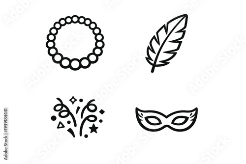 Colorful designs of necklace feather decoration and mask on a white