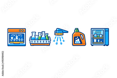 Kitchen utensils and appliances in use for cleaning during a household