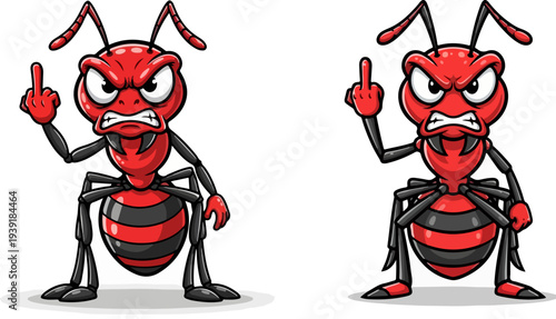 Angry Red Ant Cartoon Character Vector Illustration Set with Middle Finger Gesture, Standing and Sitting Poses, Isolated on White Background for Humorous or Warning Concepts