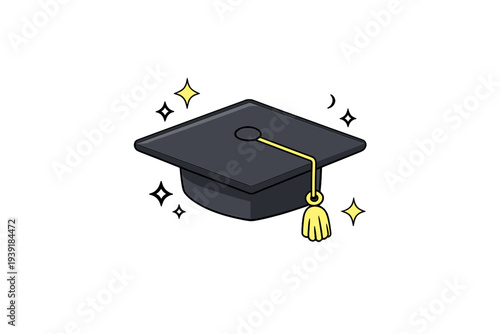 Graduation cap with tassel surrounded by stars on a white background