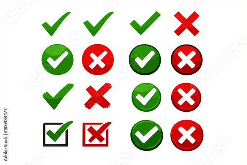 Graphic showing check marks and cross marks in various colors and