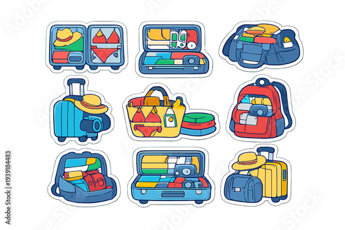 Stickers of travel bags and accessories with colorful designs and