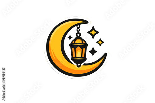 Crescent moon with lantern and stars set against a simple background