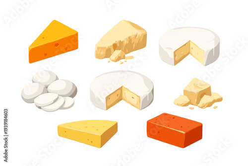 Different types of cheese and eggs arranged on a white background with