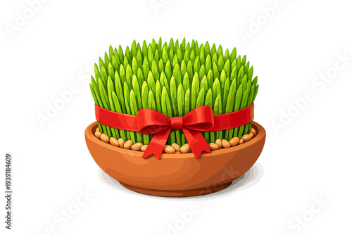 Green grass growing in a round brown pot with a red ribbon tied around