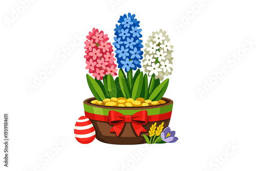 Colorful flowers and decorated egg in spring garden arrangement for