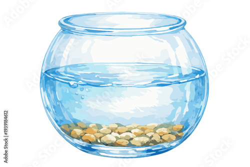 Fish bowl filled with water and small stones in a clear container for