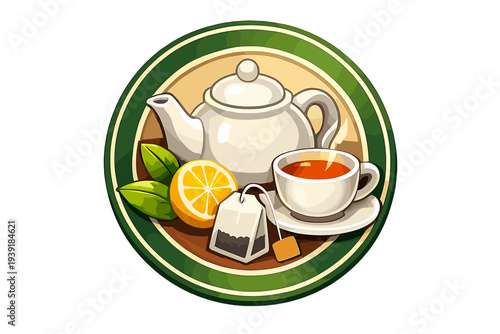 Tea pot with tea cup and lemon on wooden table setting in a cozy