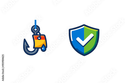 Illustration of a fishing hook next to a shield symbolizing security
