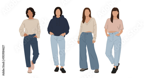 Group of diverse women standing together in various casual outfits including sweaters, hoodies, and different styles of jeans.