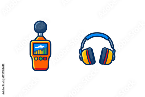 Device measures sound levels and headphones for listening used for