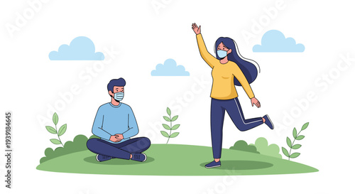 Man and woman wearing face masks and practicing social distancing while enjoying time outdoors in a green park environment.