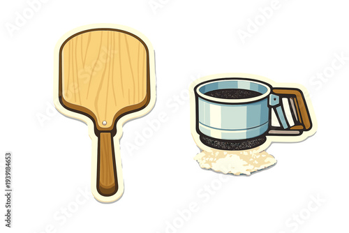 Wooden paddle and coffee cup with stains on white background showing