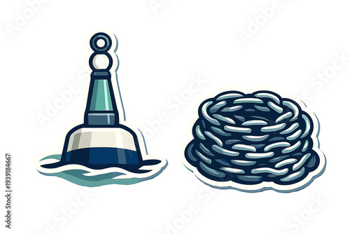 Buoy and rope structure floating on water in a marine setting during