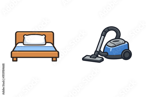 Vacuum cleaner next to bed for cleaning room in simple space with no