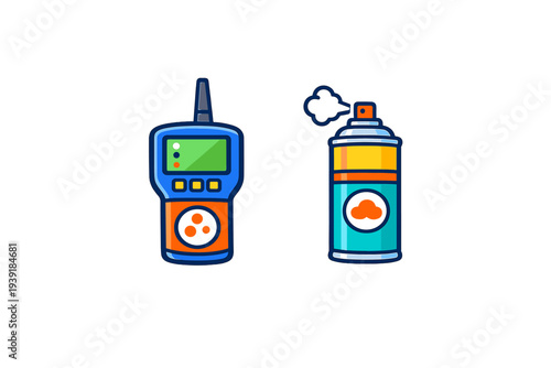 Device and spray can shown side by side on a simple background for