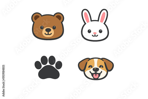 Cute animal faces featuring a bear rabbit paw print and dog in a