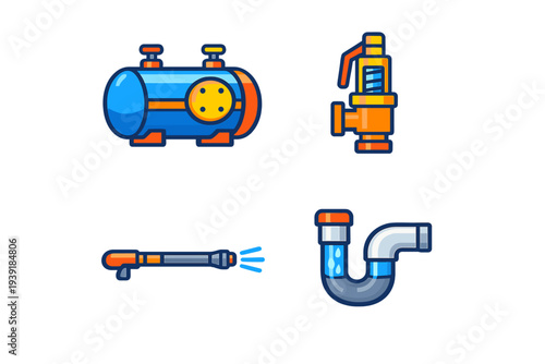 Collection of plumbing tools and equipment in vibrant colors for home
