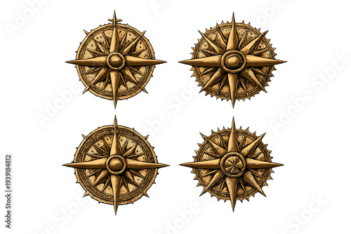 Four decorative compass rose designs in gold color depicting different