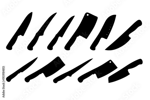 Various knives arranged in a pattern on a white background for kitchen