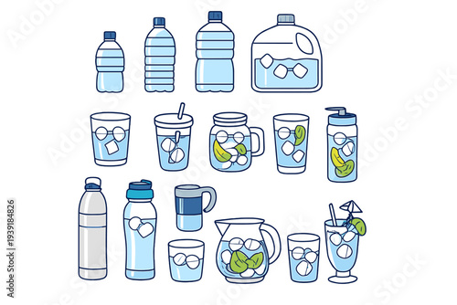 Different types of containers holding water and ice arranged in a grid