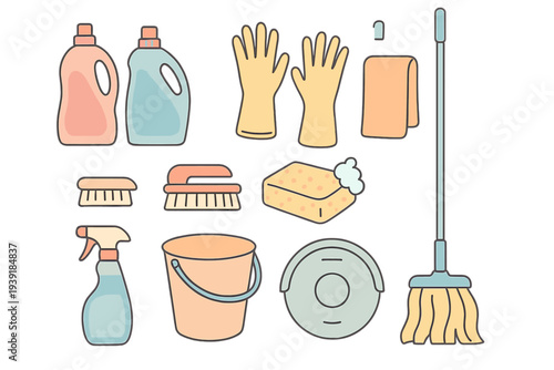 Cleaning tools and supplies laid out on a flat surface for household