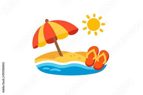 Bright beach scene with umbrella sand flip flops and sun on a warm day