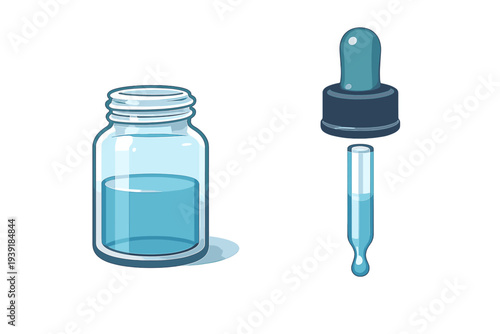 Small glass jar with blue liquid beside a dropper containing the same