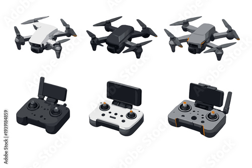Drones and remote controls placed on a white surface in an organized