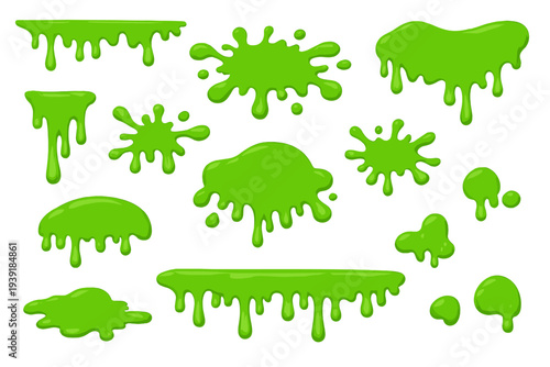 Green paint drips and splatters in various shapes on a white