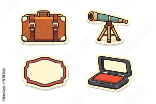 Stickers of travel items and tools for exploration placed on a light