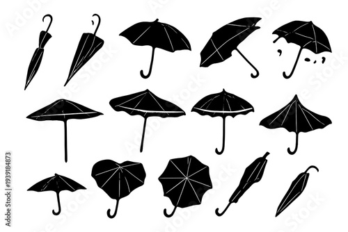 Different types of umbrellas shown in black color with various shapes