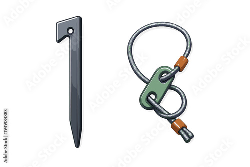 Tools for outdoor activities including a stake and a carabiner for