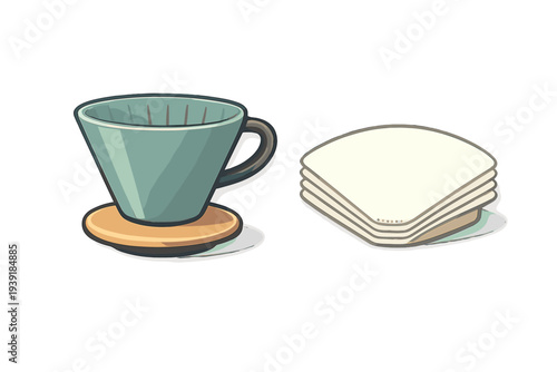 Coffee cup and stacked coasters on a flat surface in a cozy kitchen