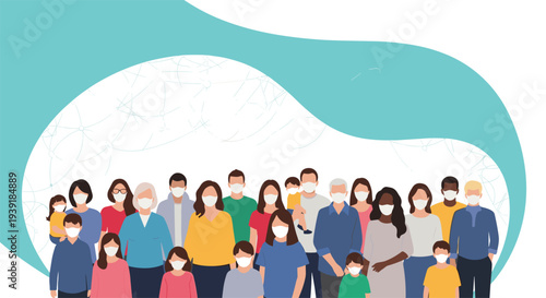 Large group of diverse people of all ages and ethnicities wearing protective face masks to prevent the spread of illness.