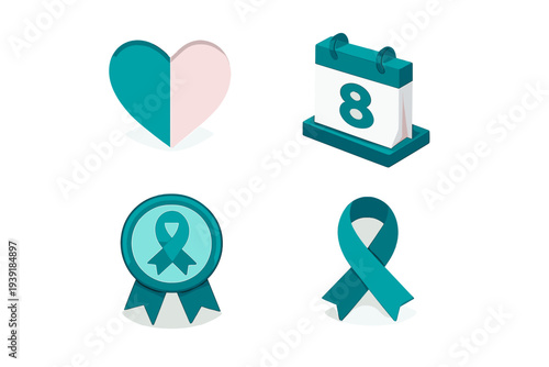 Heart and calendar symbol with teal ribbon and badge celebrating