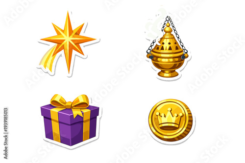Colorful icons show a star a lamp a gift box and a coin representing