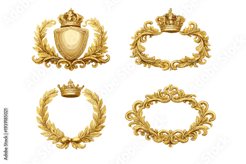 Decorative gold frames and crowns arranged in four designs for art and