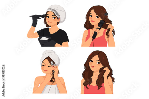 Steps for a hair care routine including dyeing curling and styling at