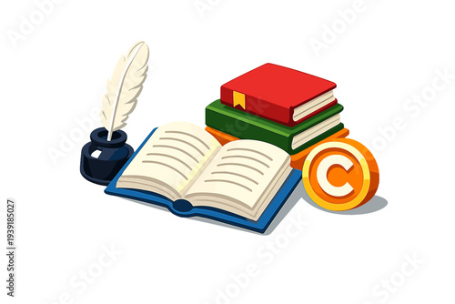 Books quill ink and copyright symbol arranged on a white background