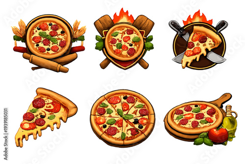 Different types of pizza designs include slices whole pizzas and