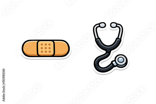 Icons of a bandage and a stethoscope on a plain background showing