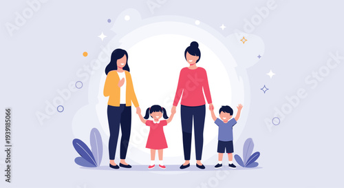 Happy family of four including two women and two young children standing together and holding hands in a bright scene.