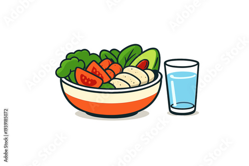 Healthy salad bowl with vegetables and a glass of water on a simple