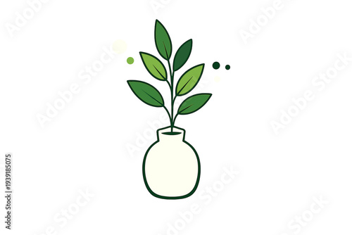 Simple green plant in a vase on a white background with small dots of