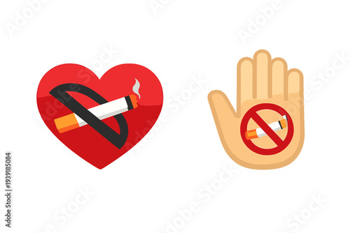 Heart symbol with a crossed-out cigarette and hand symbol with no
