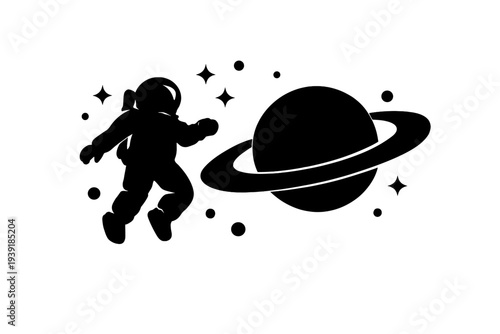 Astronaut floating in space near planet with rings and stars in the