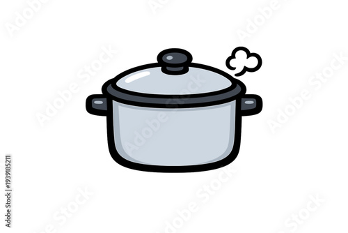 Cooking pot with steam on top sitting on a white background in a