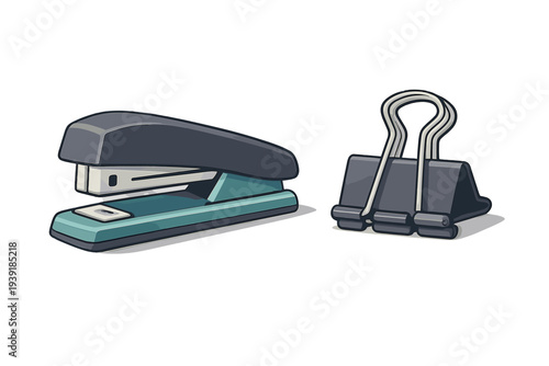Stapler and binder clip placed on a plain background with simple