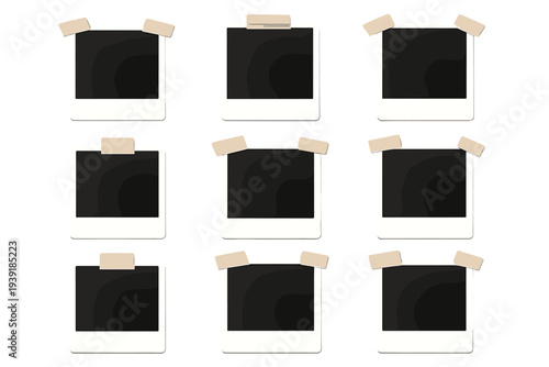Nine blank picture frames displayed on a white background with tape on